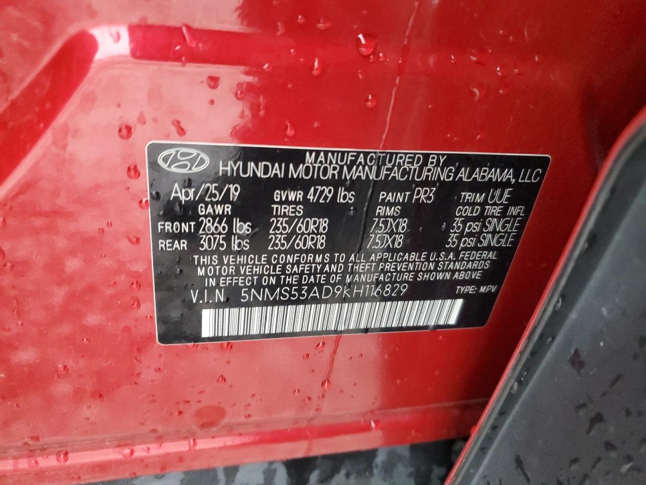 2019 Hyundai Santa Fe VIN 5NMS53AD9KH116829 Copart auction photo, front end / minor dent/scratches damage thumbnail 13