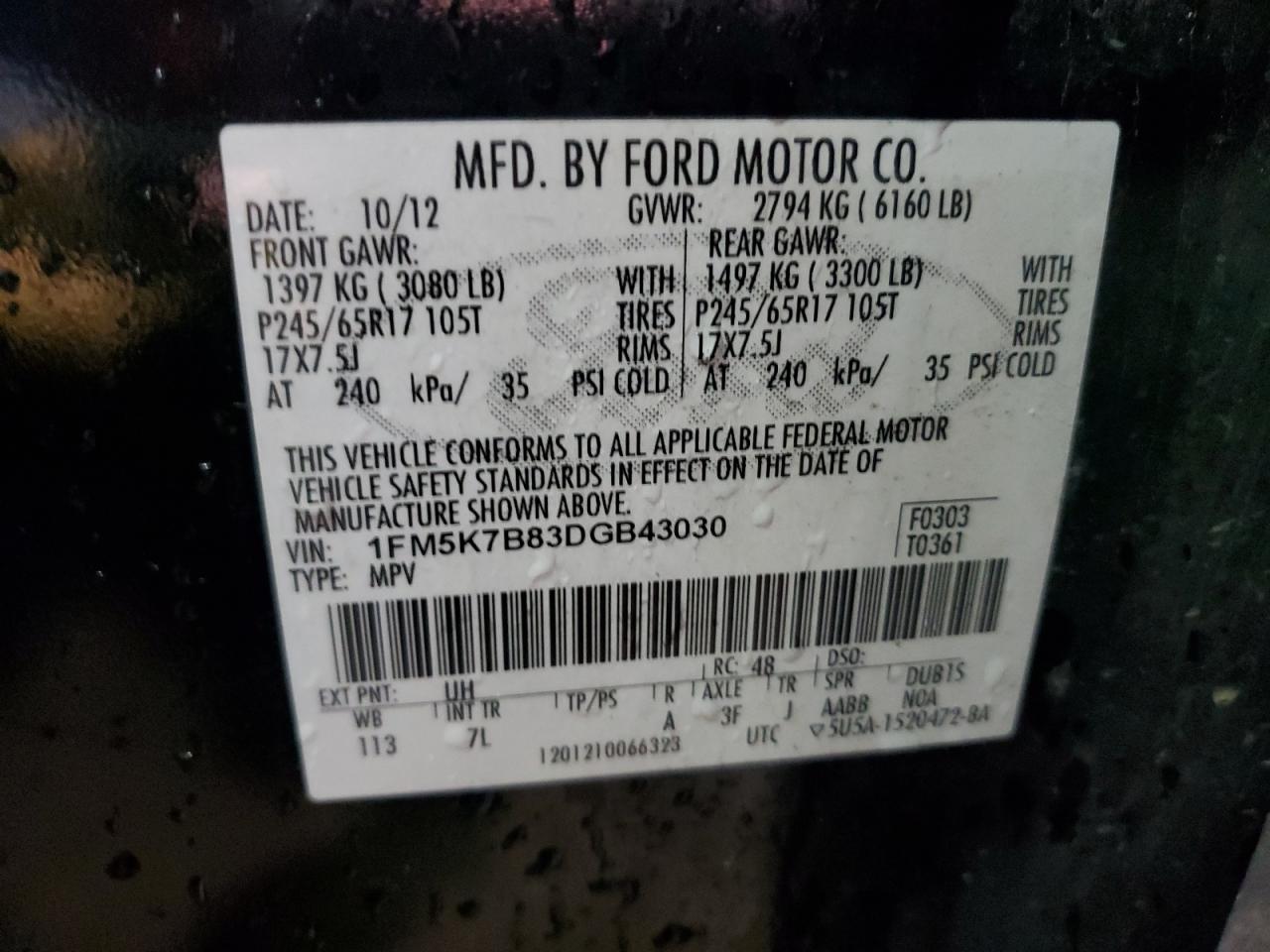 2013 Ford Explorer VIN 1FM5K7B83DGB43030 Copart auction photo, minor dent/scratches damage thumbnail 14