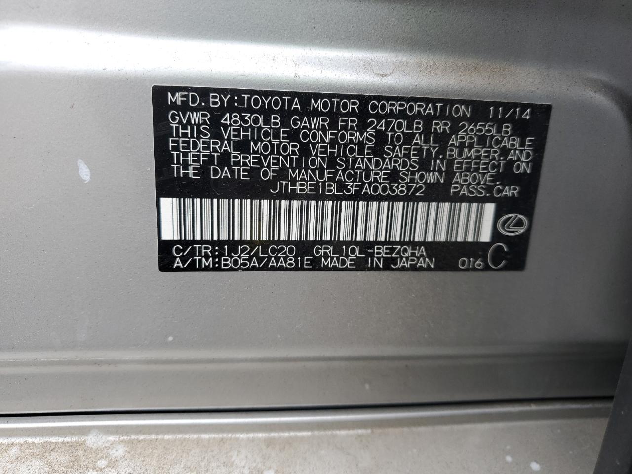 2015 Lexus GS VIN JTHBE1BL3FA003872 Copart auction photo, front end damage thumbnail 14