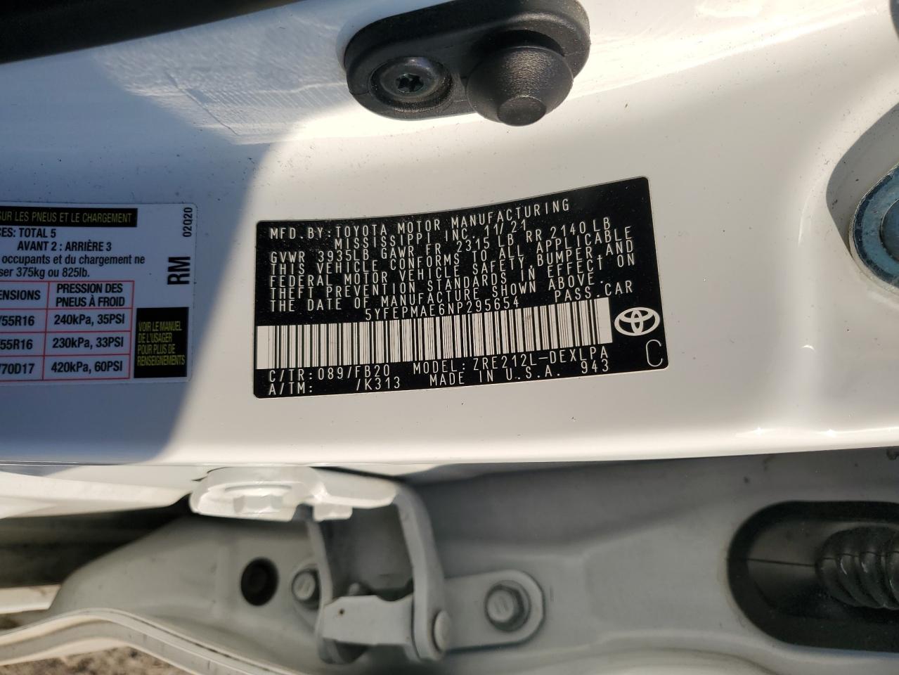 2022 Toyota Corolla VIN 5YFEPMAE6NP295654 Copart auction photo, rear end damage thumbnail 15