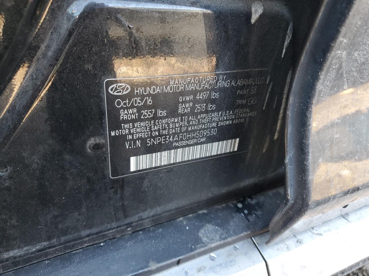 2017 Hyundai Sonata VIN 5NPE34AF0HH509530 Copart auction photo, front end / side damage thumbnail 12