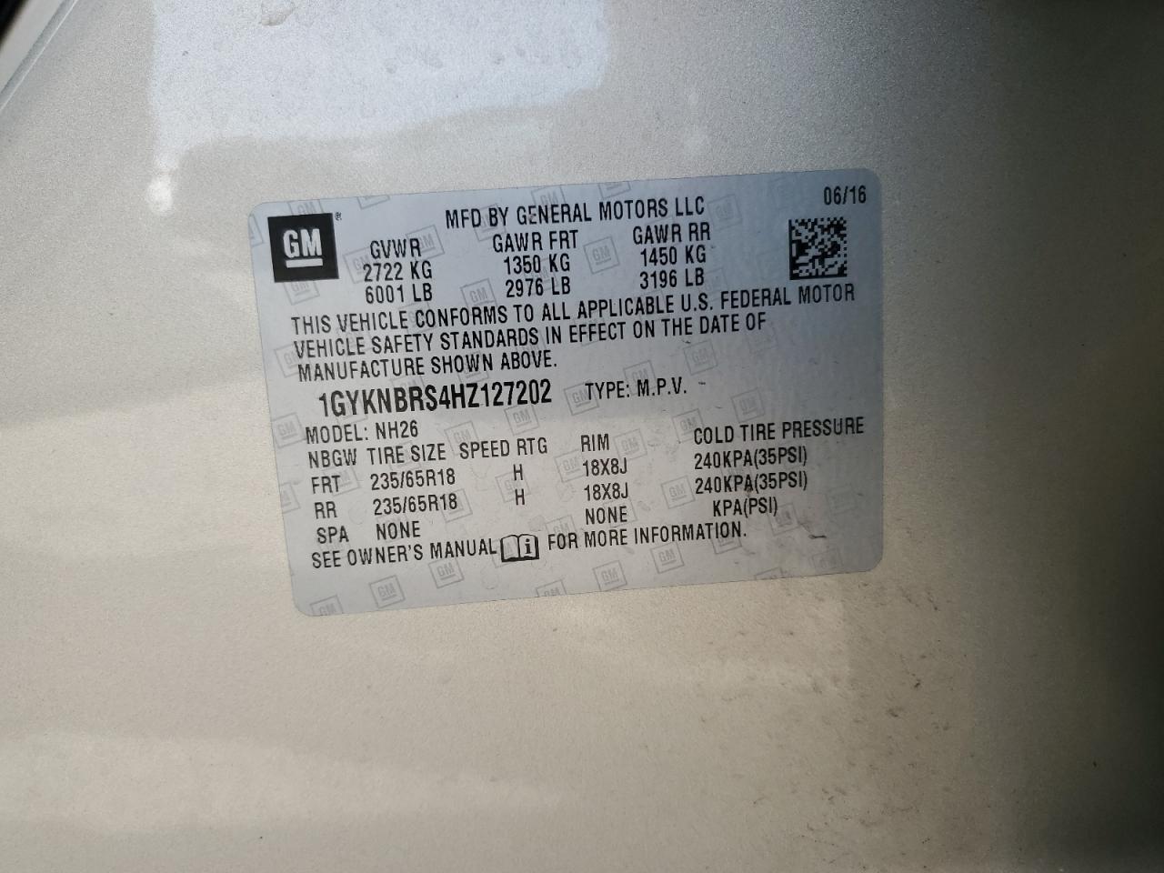 2017 Cadillac XT5 VIN 1GYKNBRS4HZ127202 Copart auction photo, rollover damage thumbnail 15