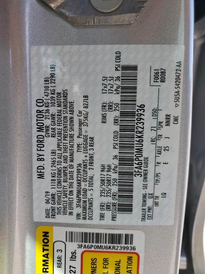 2019 Ford Fusion VIN 3FA6P0MU6KR239936 Copart auction photo, front end damage thumbnail 12