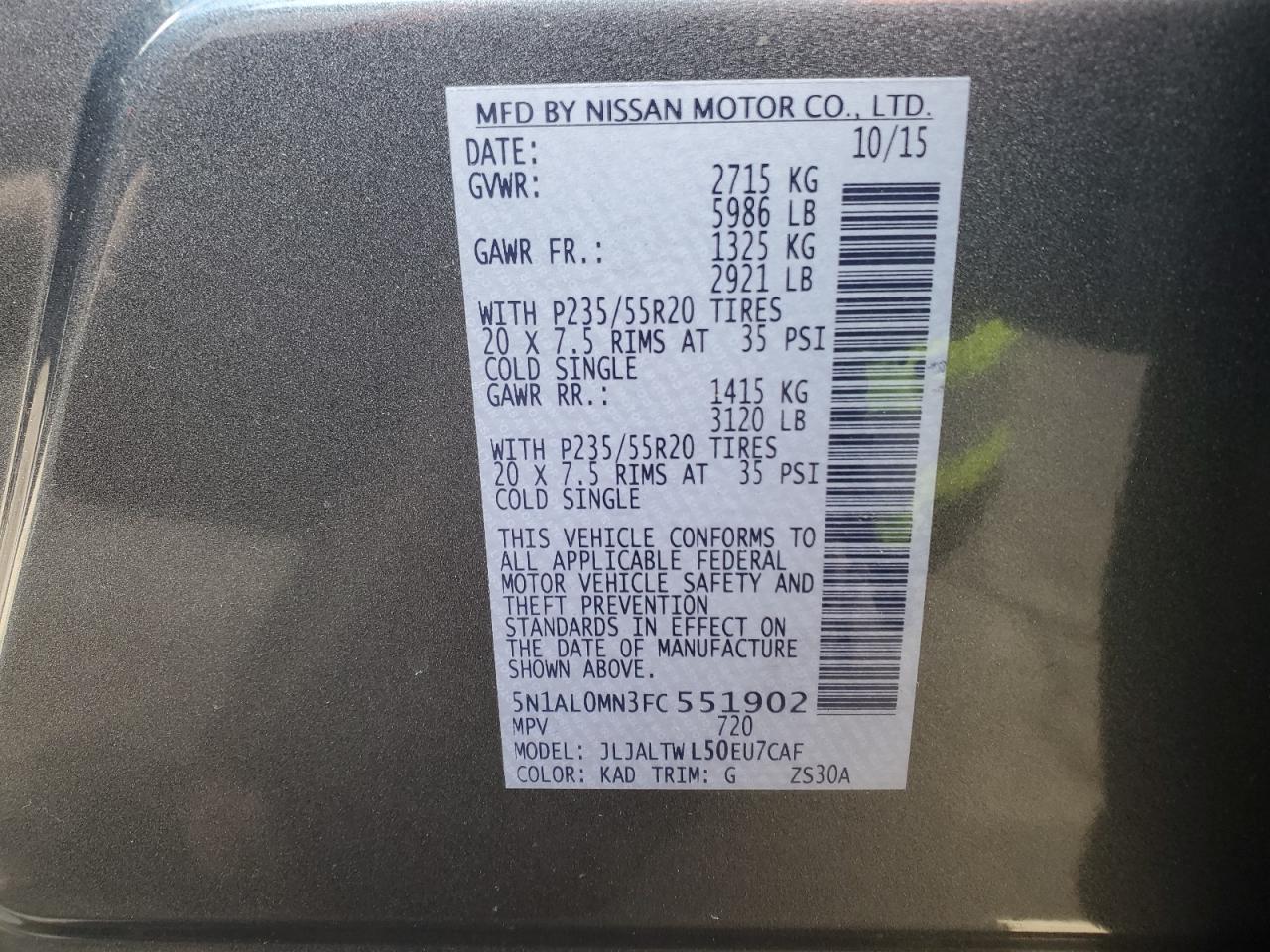2015 Infiniti QX60 VIN 5N1AL0MN3FC551902 Copart auction photo, front end / undercarriage damage thumbnail 12
