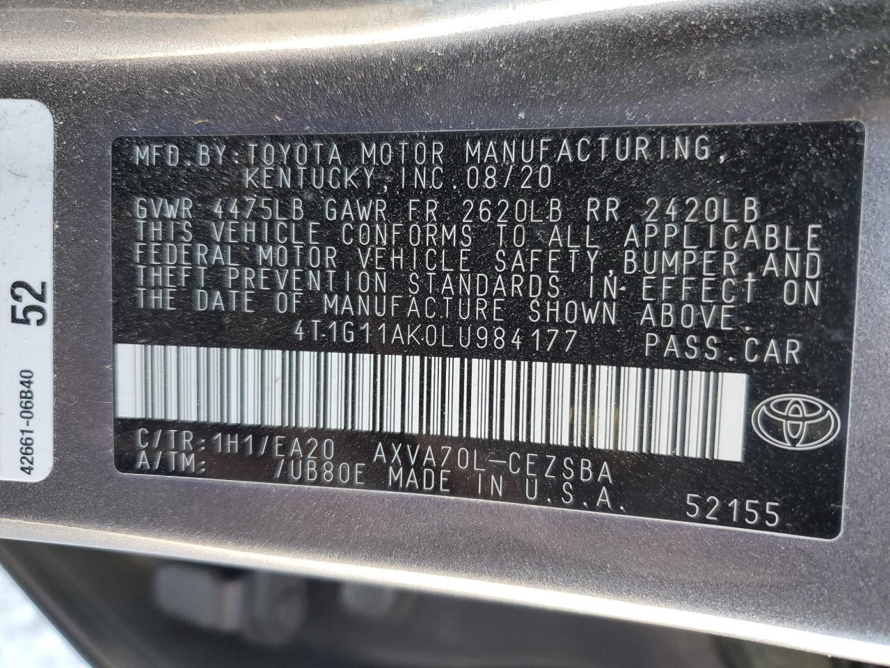 2020 Toyota Camry VIN 4T1G11AK0LU984177 Copart auction photo, front end damage thumbnail 15