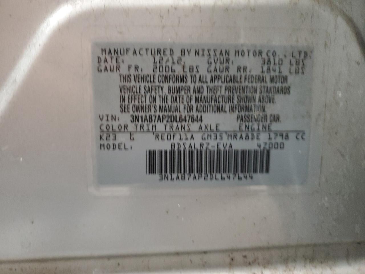 2013 Nissan Sentra VIN 3N1AB7AP2DL647644 Copart auction photo, front end / minor dent/scratches damage thumbnail 12