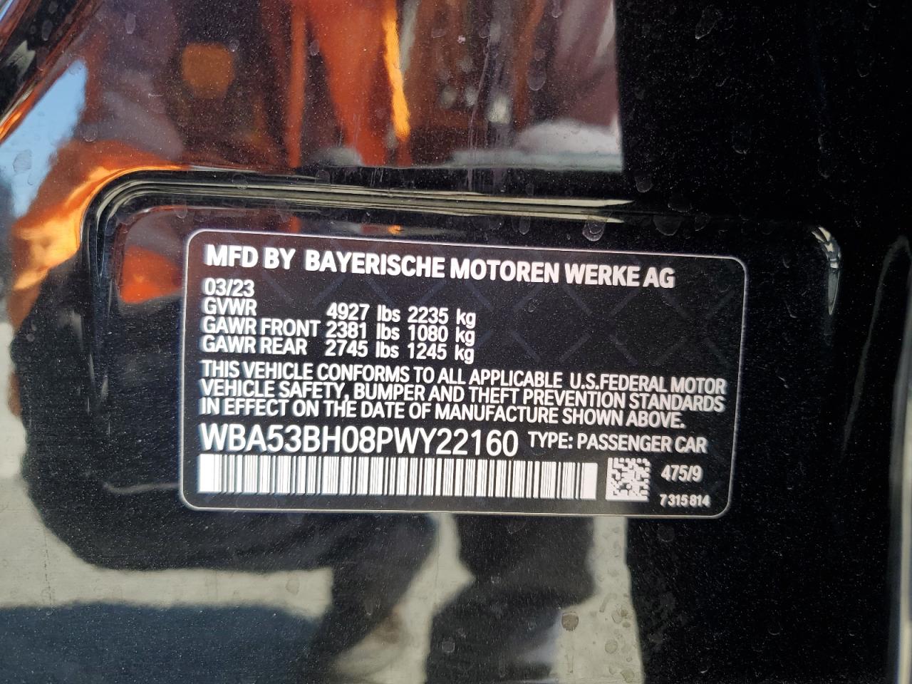 2023 BMW 5er VIN WBA53BH08PWY22160 Copart auction photo, front end damage thumbnail 14