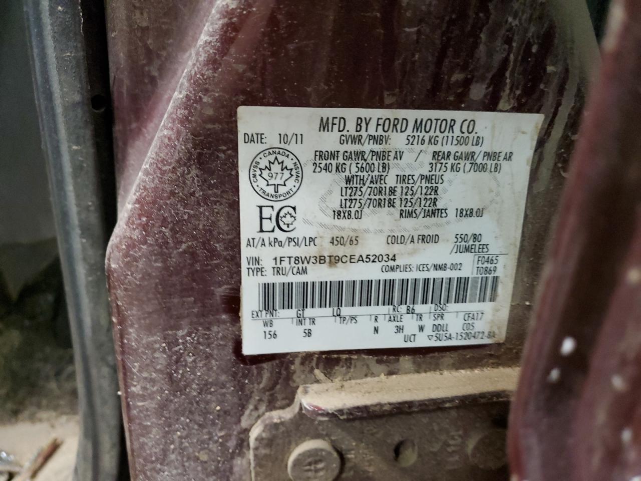2012 Ford F350 VIN 1FT8W3BT9CEA52034 Copart auction photo, front end / undercarriage damage thumbnail 15