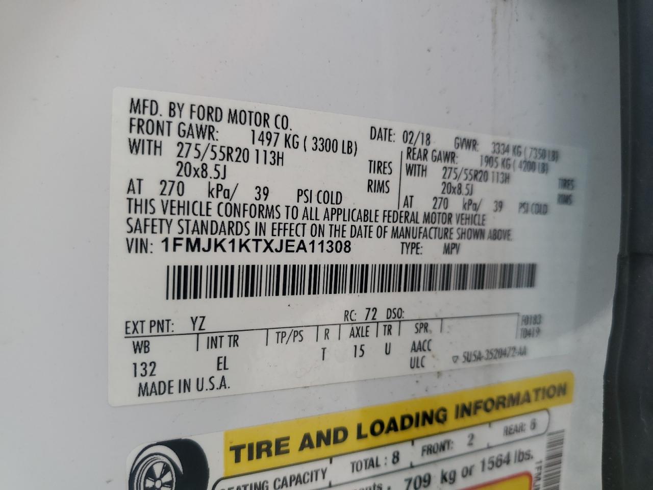 2018 Ford Expedition VIN 1FMJK1KTXJEA11308 Copart auction photo, front end / minor dent/scratches damage thumbnail 16