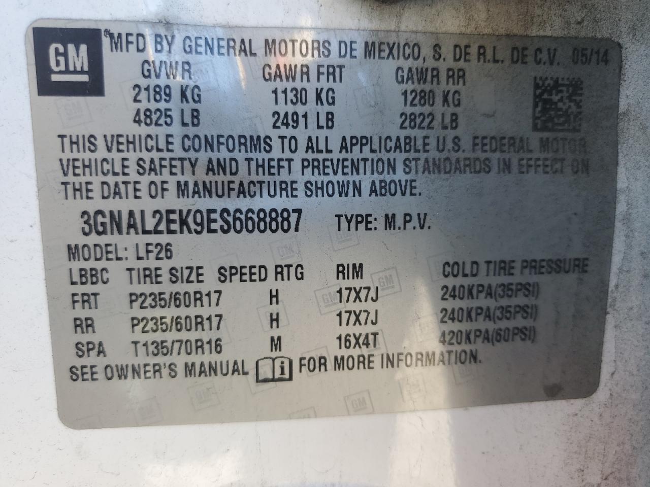 2014 Chevrolet Captiva VIN 3GNAL2EK9ES668887 Copart auction photo, rear end damage thumbnail 13