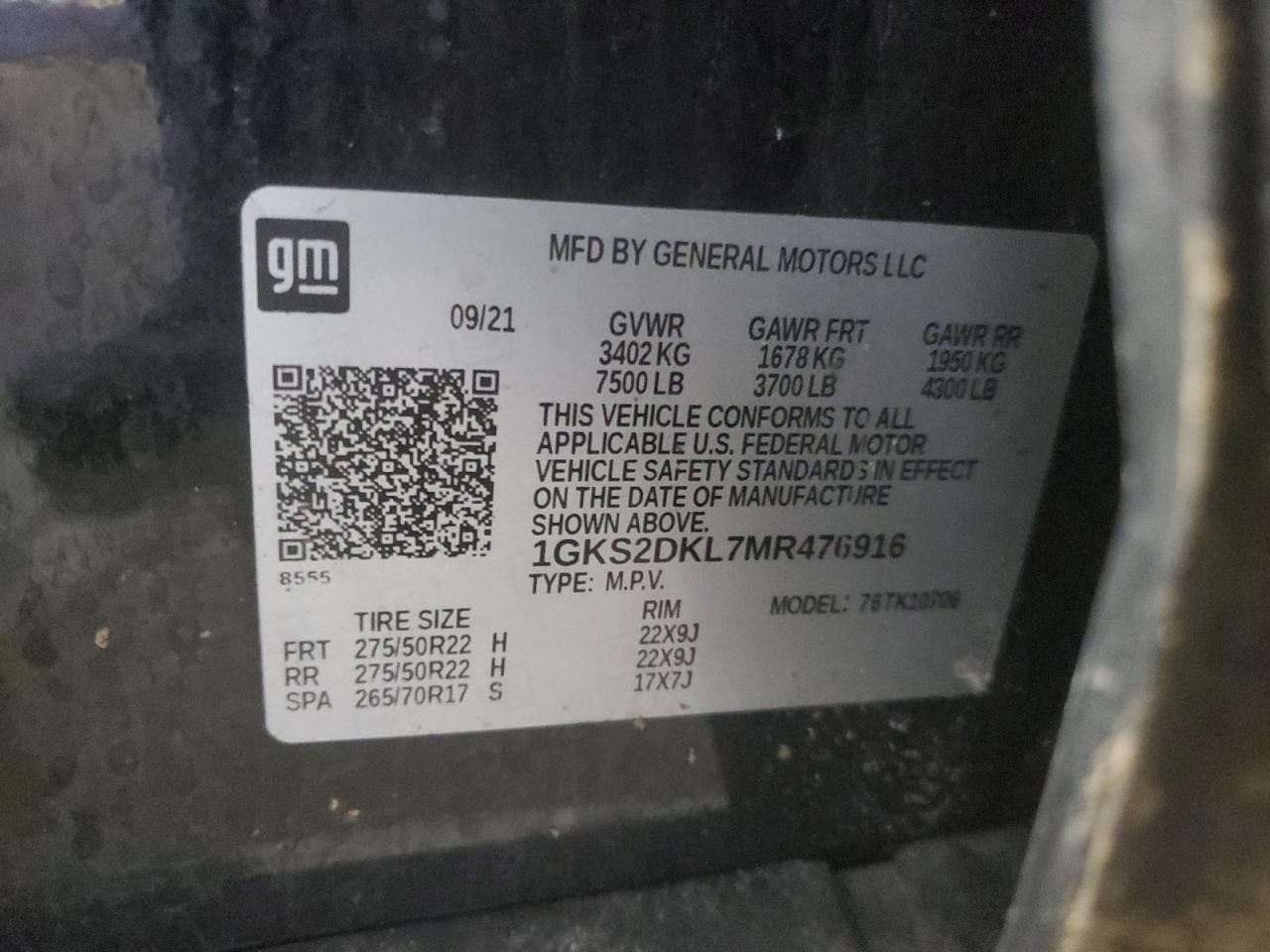 2021 GMC Yukon VIN 1GKS2DKL7MR476916 Copart auction photo, front end / rear end damage thumbnail 15