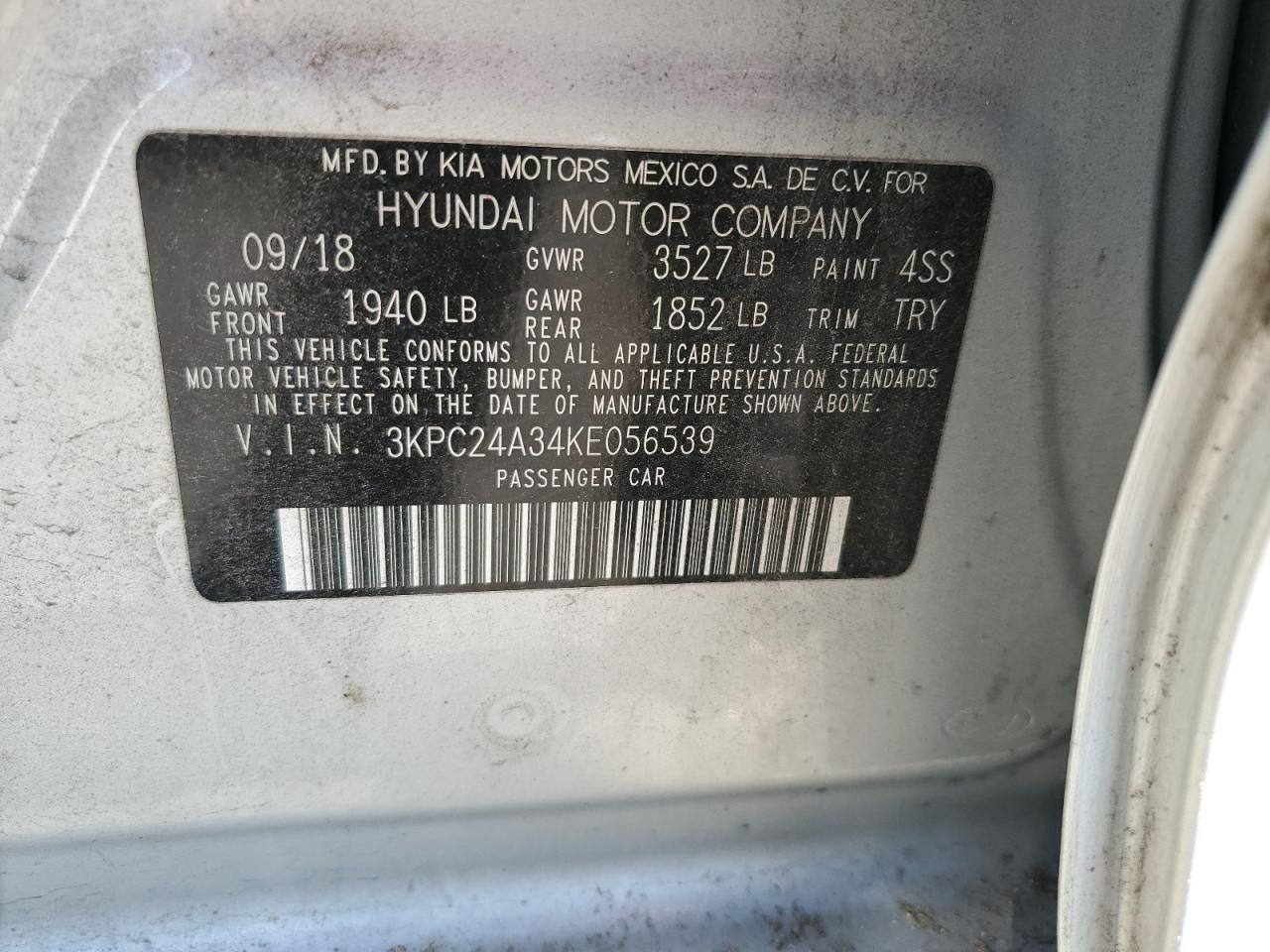 2019 Hyundai Accent VIN 3KPC24A34KE056539 Copart auction photo, front end / side damage thumbnail 14