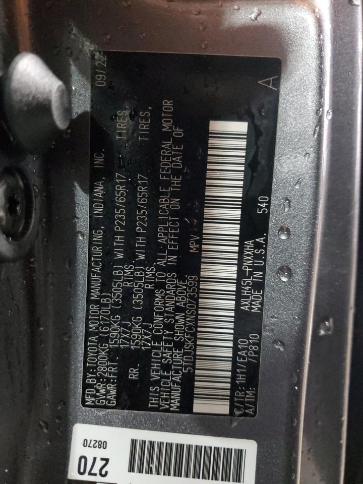 2022 Toyota Sienna VIN 5TDJSKFCXNS073599 Copart auction photo, front end / side damage thumbnail 14