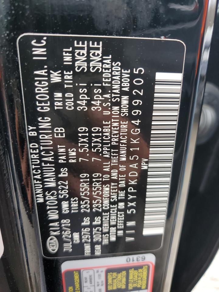 2019 KIA Sorento VIN 5XYPKDA51KG499205 Copart auction photo, front end / side damage thumbnail 14