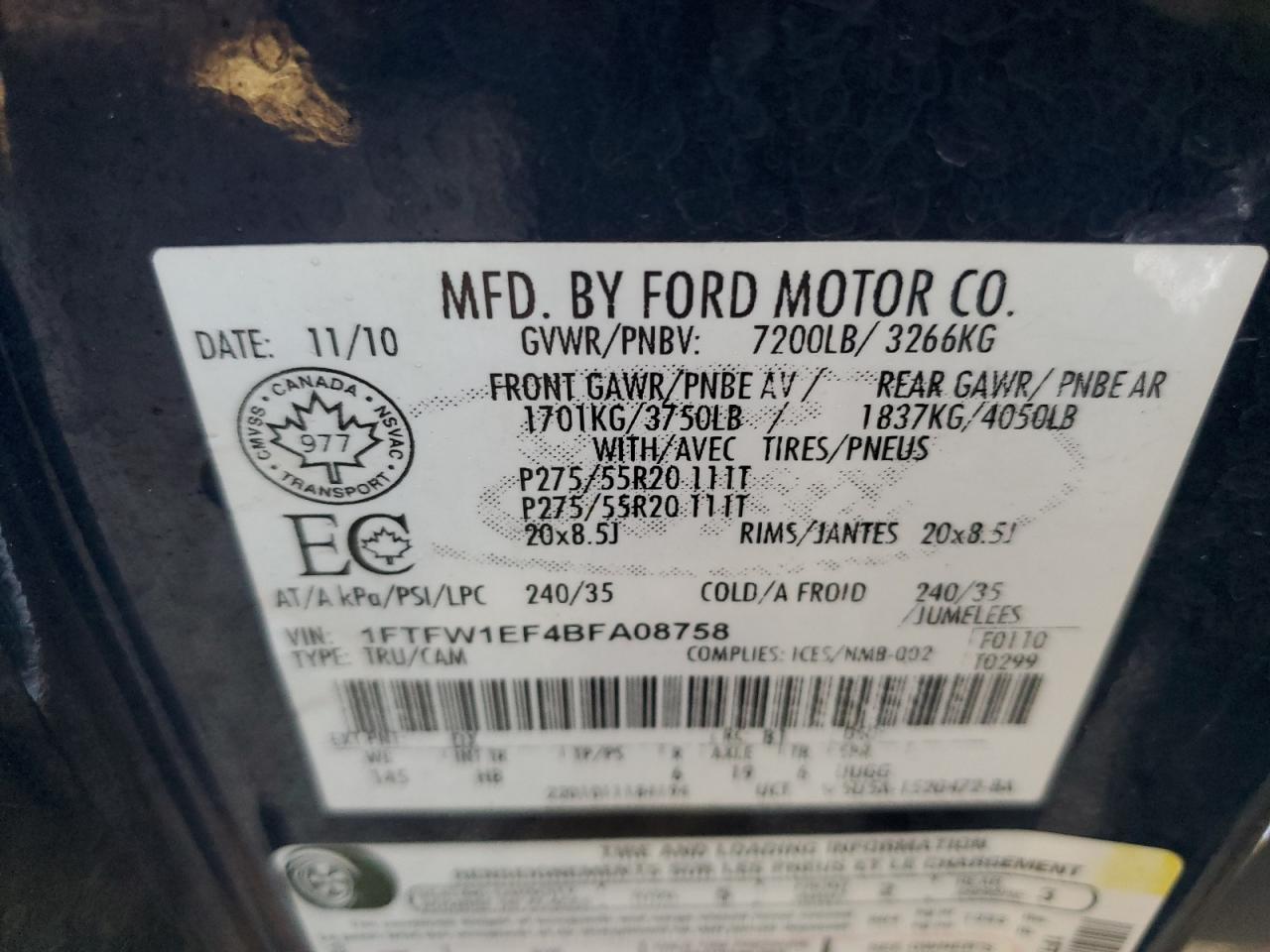 2011 Ford F-150 VIN 1FTFW1EF4BFA08758 Copart auction photo, front end damage thumbnail 12