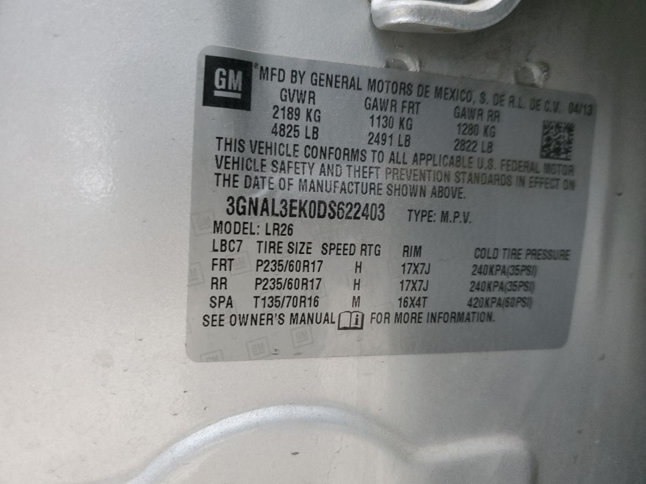 2013 Chevrolet Captiva VIN 3GNAL3EK0DS622403 Copart auction photo, side damage thumbnail 14