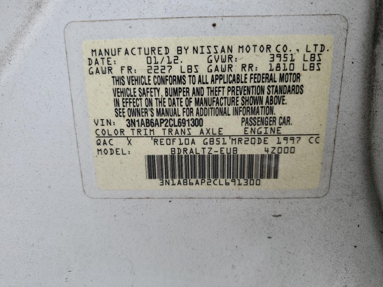 2012 Nissan Sentra VIN 3N1AB6AP2CL691300 Copart auction photo, front end / minor dent/scratches damage thumbnail 13