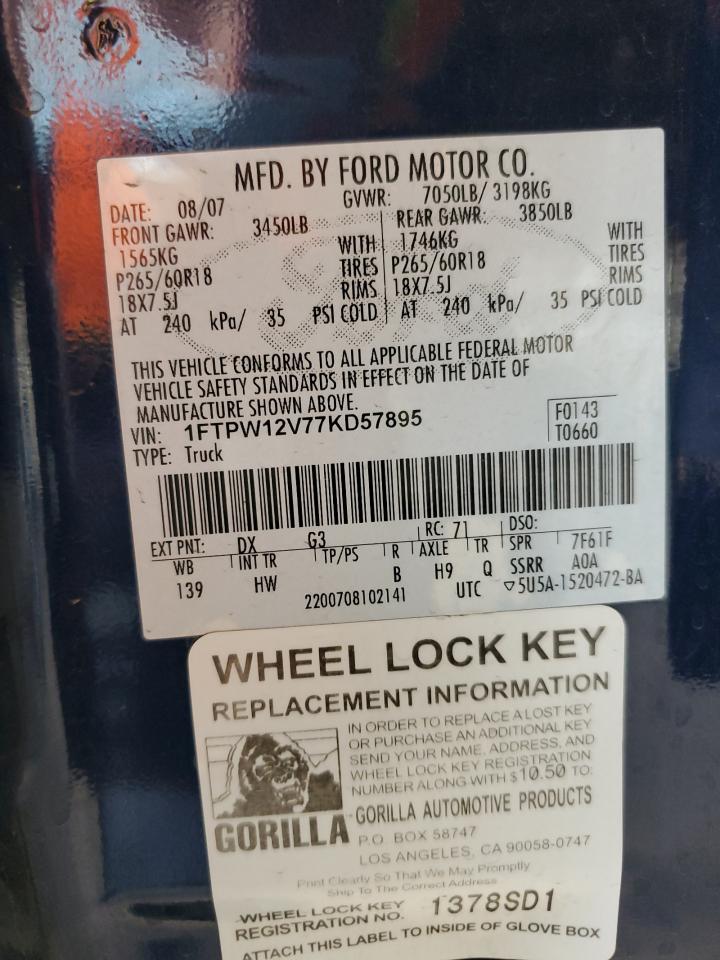 2007 Ford F-150 VIN 1FTPW12V77KD57895 Copart auction photo, front end / minor dent/scratches damage thumbnail 12
