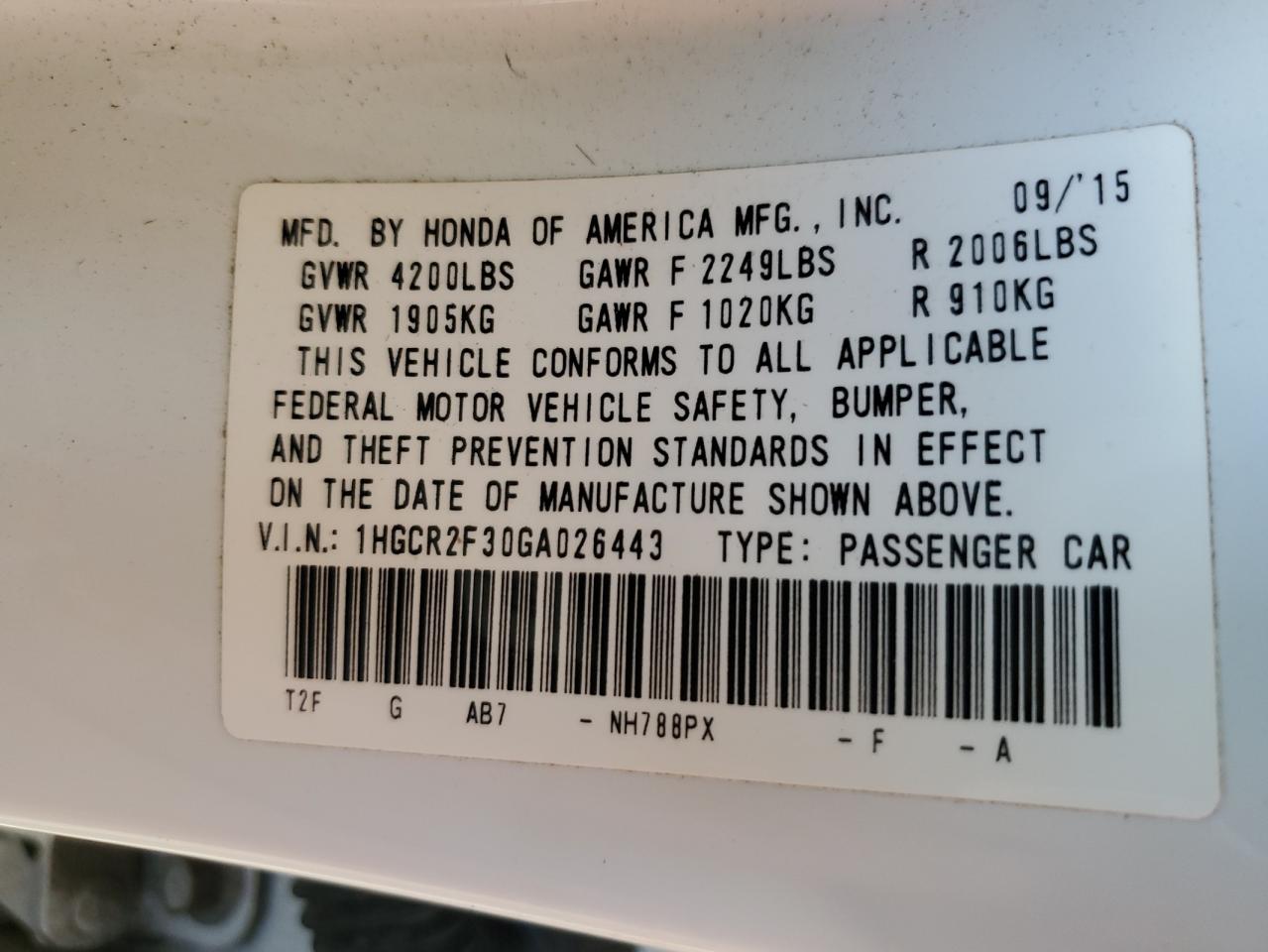2016 Honda Accord VIN 1HGCR2F30GA026443 Copart auction photo, front end damage thumbnail 12