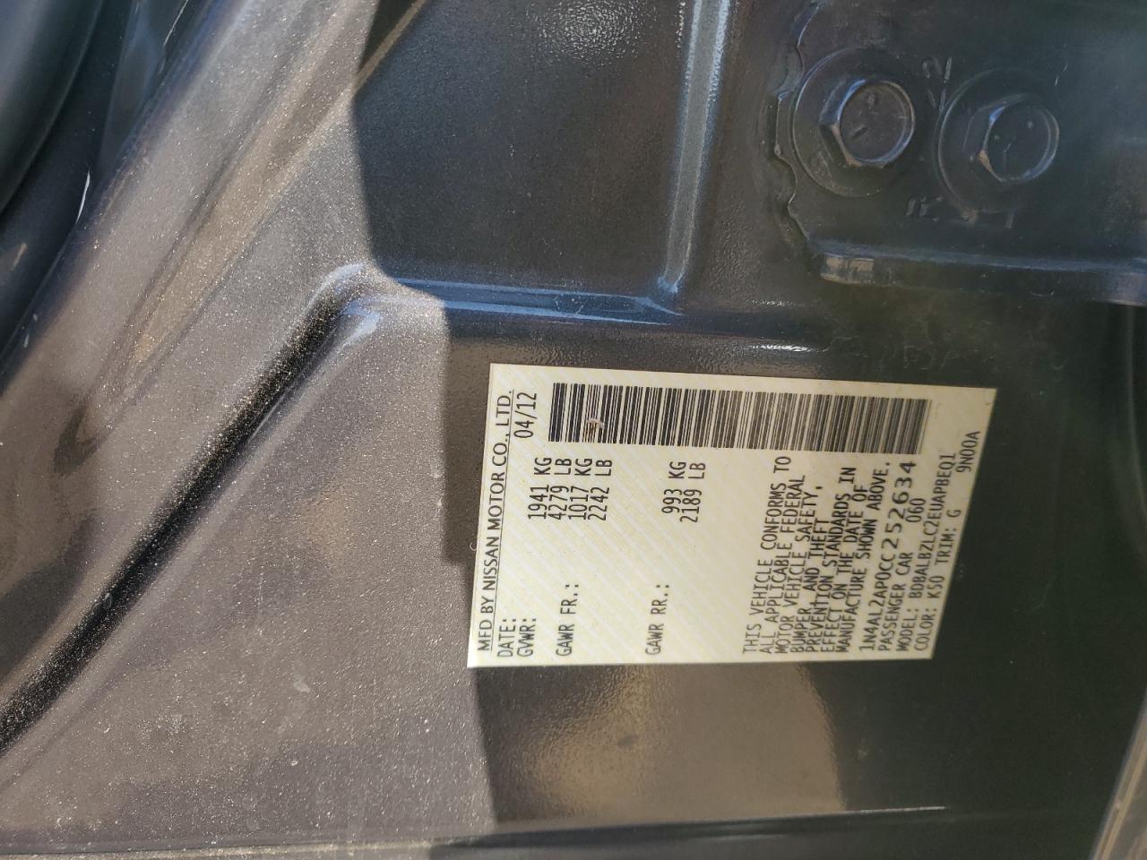 2012 Nissan Altima VIN 1N4AL2AP0CC252634 Copart auction photo, front end damage thumbnail 14