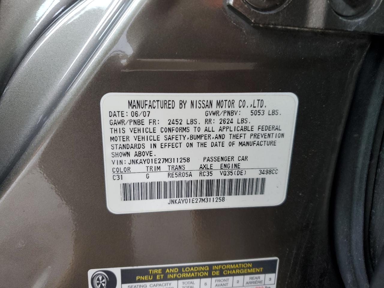 2007 Infiniti M VIN JNKAY01E27M311258 Copart auction photo, front end damage thumbnail 13