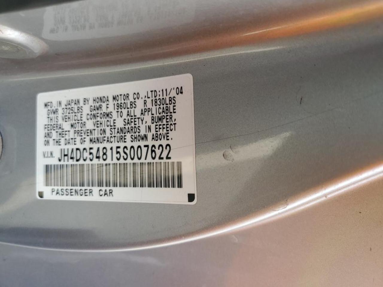 2005 Acura RSX VIN JH4DC54815S007622 Copart auction photo, front end / rear end damage thumbnail 12