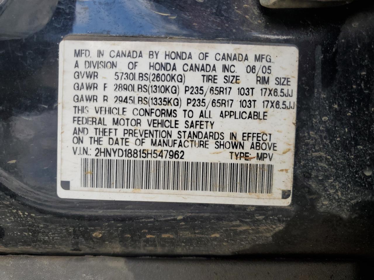 2005 Acura MDX VIN 2HNYD18815H547962 Copart auction photo, front end / side damage thumbnail 13