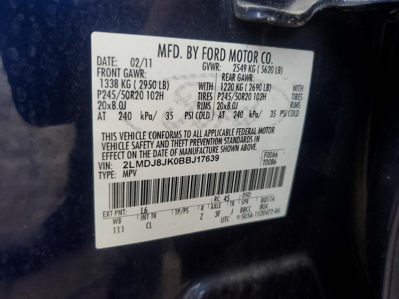 2011 Lincoln MKX VIN 2LMDJ8JK0BBJ17639 Copart auction photo, front end damage thumbnail 14