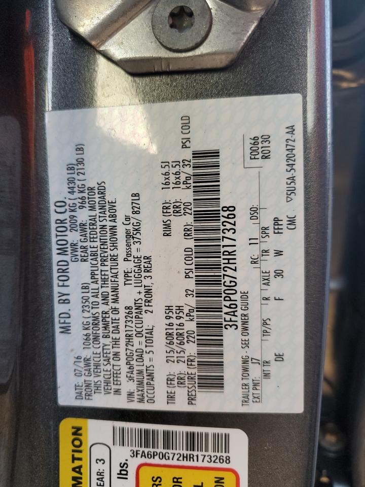 2017 Ford Fusion VIN 3FA6P0G72HR173268 Copart auction photo, water/flood damage thumbnail 13
