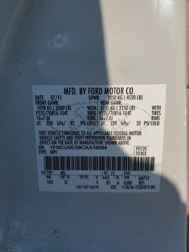 2012 Ford Escape VIN 1FMCU0EG9CKA16094 Copart auction photo, front end damage thumbnail 13