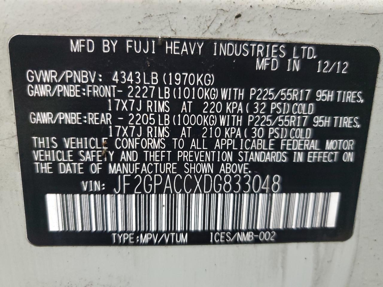 2013 Subaru XV VIN JF2GPACCXDG833048 Copart auction photo, side damage thumbnail 14