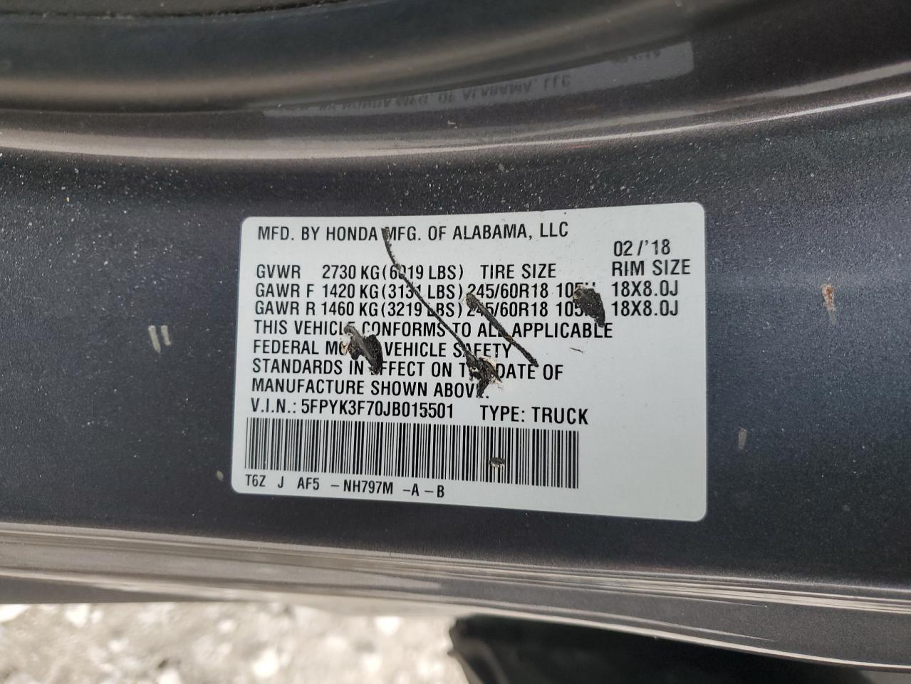 2018 Honda Ridgeline VIN 5FPYK3F70JB015501 Copart auction photo, front end damage thumbnail 13