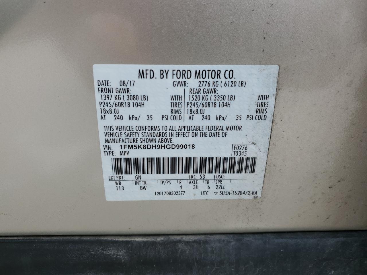 2017 Ford Explorer VIN 1FM5K8DH9HGD99018 Copart auction photo, rear end damage thumbnail 14