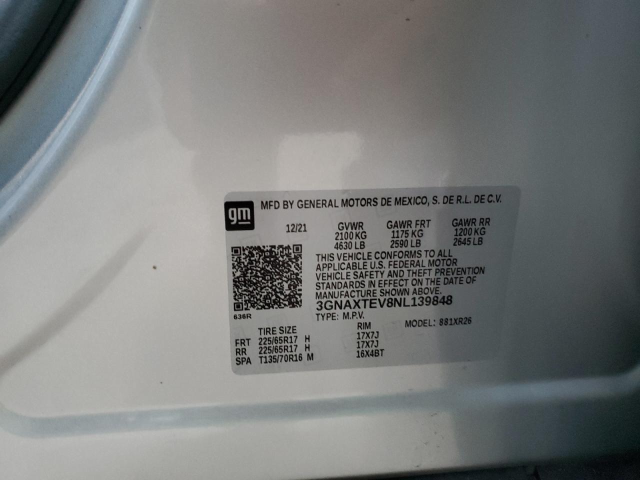 2022 Chevrolet Equinox VIN 3GNAXTEV8NL139848 Copart auction photo, all over damage thumbnail 13