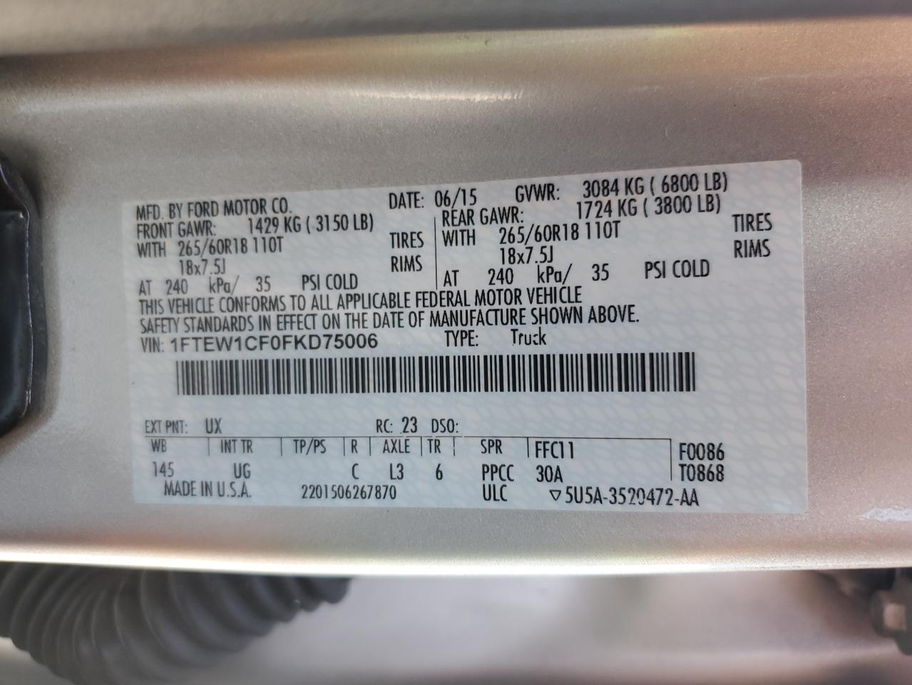 2015 Ford F-150 VIN 1FTEW1CF0FKD75006 Copart auction photo, front end / side damage thumbnail 13