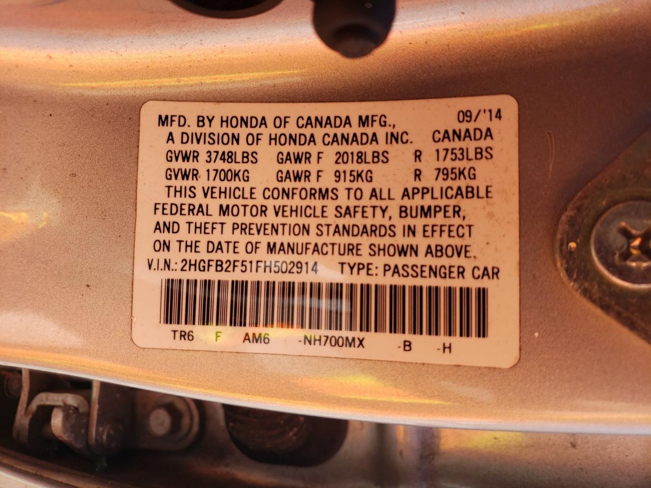 2015 Honda Civic VIN 2HGFB2F51FH502914 Copart auction photo, side damage thumbnail 12