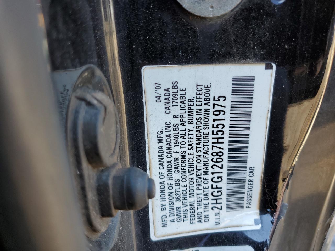 2007 Honda Civic VIN 2HGFG12687H551975 Copart auction photo, side / rear end damage thumbnail 12