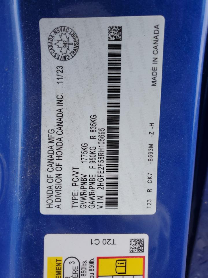 2024 Honda Civic VIN 2HGFE2F58RH105695 Copart auction photo, front end damage thumbnail 13