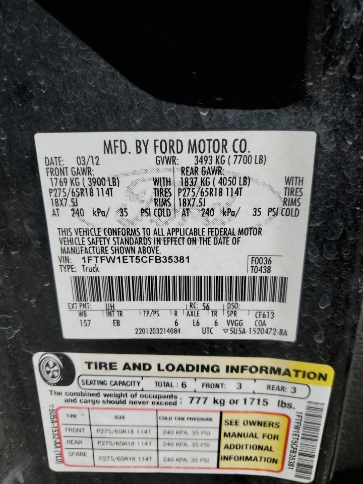 2012 Ford F-150 VIN 1FTFW1ET5CFB35381 Copart auction photo, front end / hail damage thumbnail 14