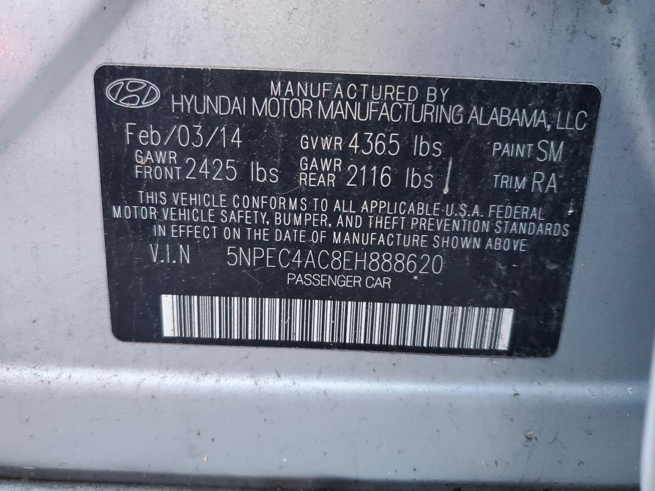 2014 Hyundai Sonata VIN 5NPEC4AC8EH888620 Copart auction photo, front end / rear end damage thumbnail 12