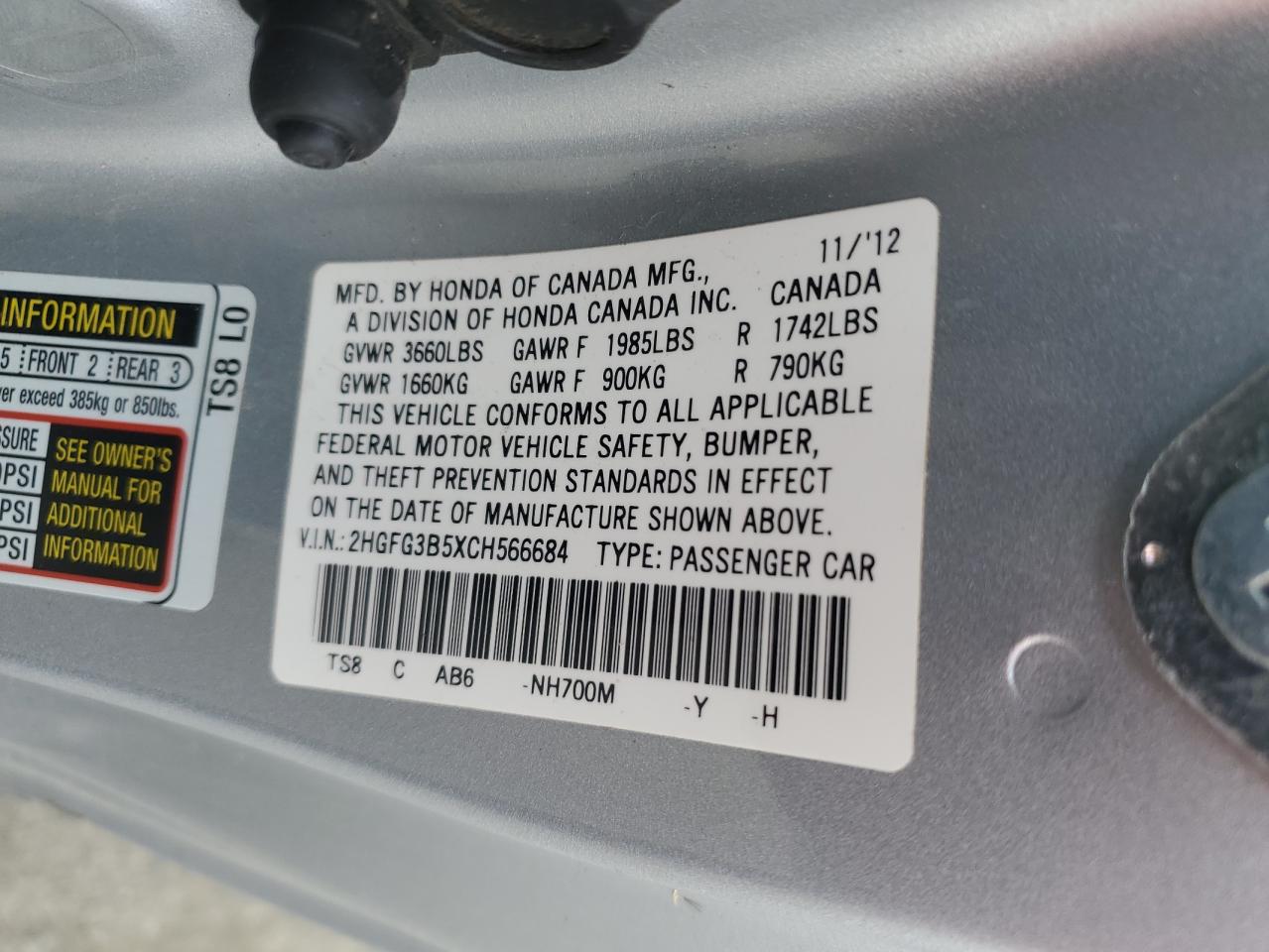 2012 Honda Civic VIN 2HGFG3B5XCH566684 Copart auction photo, all over damage thumbnail 13