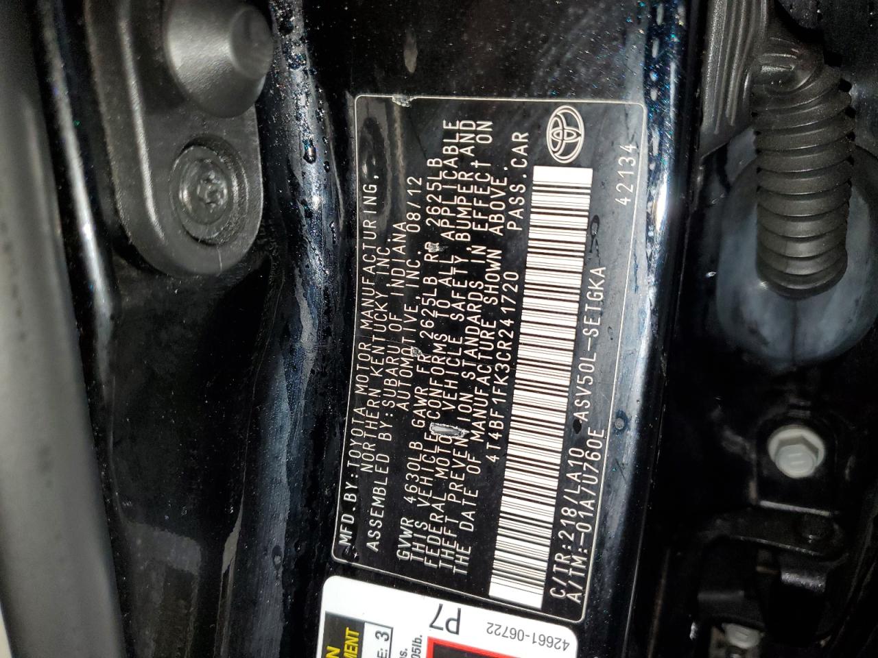 2012 Toyota Camry VIN 4T4BF1FK3CR241720 Copart auction photo, front end / minor dent/scratches damage thumbnail 12