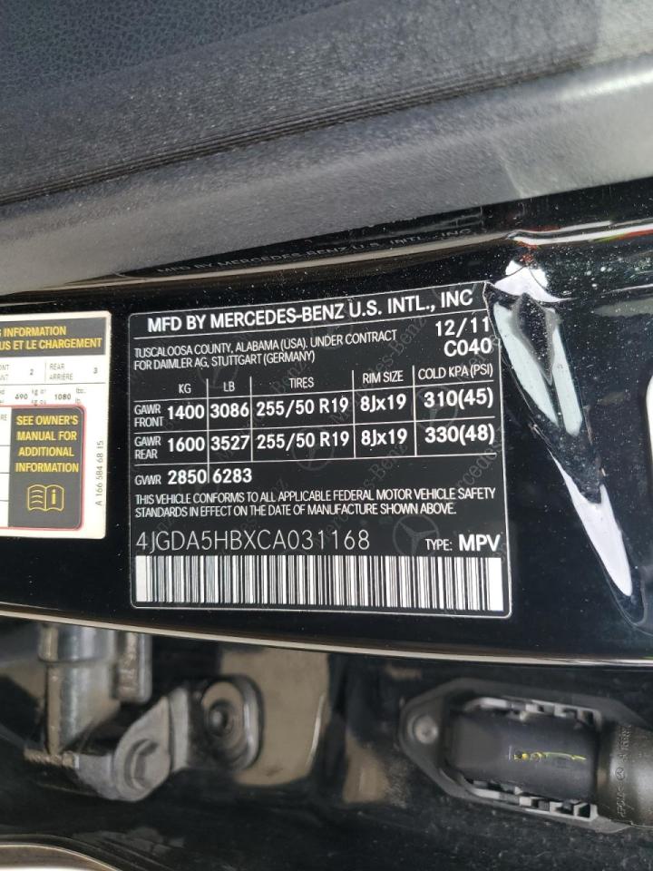 2012 Mercedes-Benz M-klasse VIN 4JGDA5HBXCA031168 Copart auction photo, minor dent/scratches damage thumbnail 12