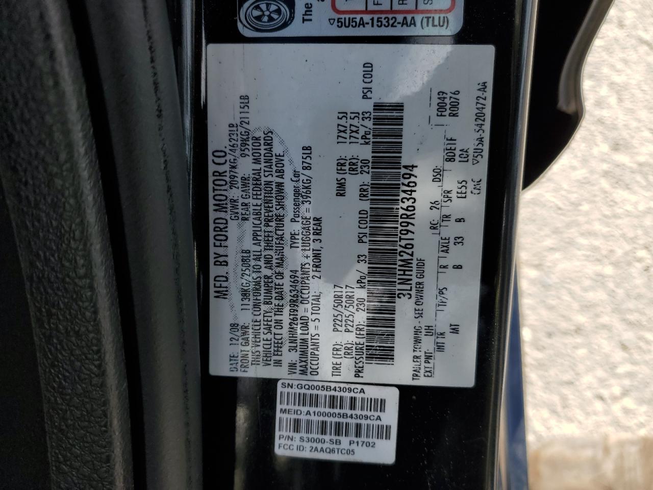 2009 Lincoln MKZ VIN 3LNHM26T99R634694 Copart auction photo, front end damage thumbnail 14