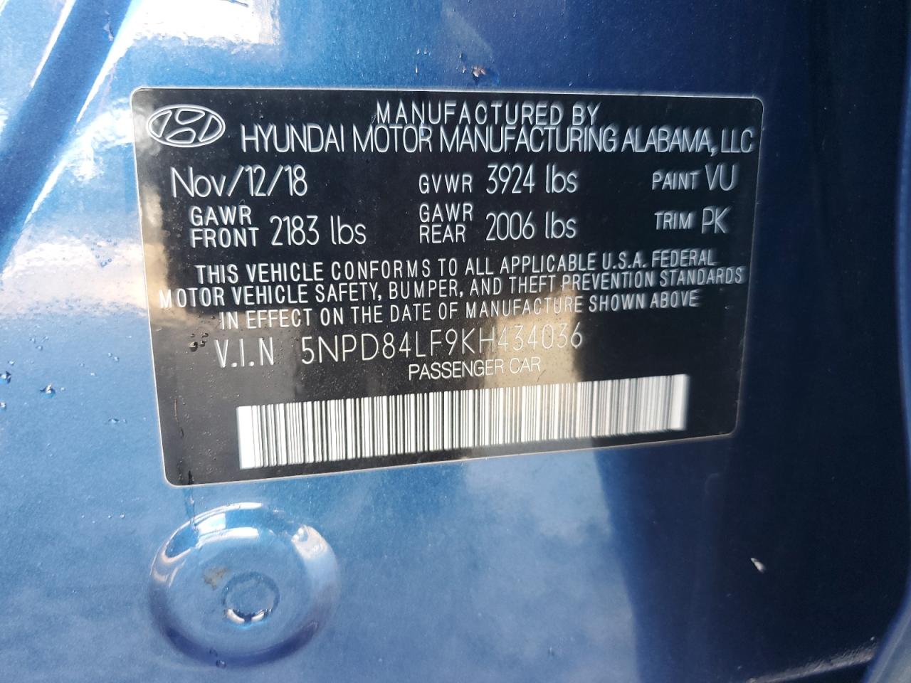 2019 Hyundai Elantra VIN 5NPD84LF9KH434036 Copart auction photo, water/flood damage thumbnail 13