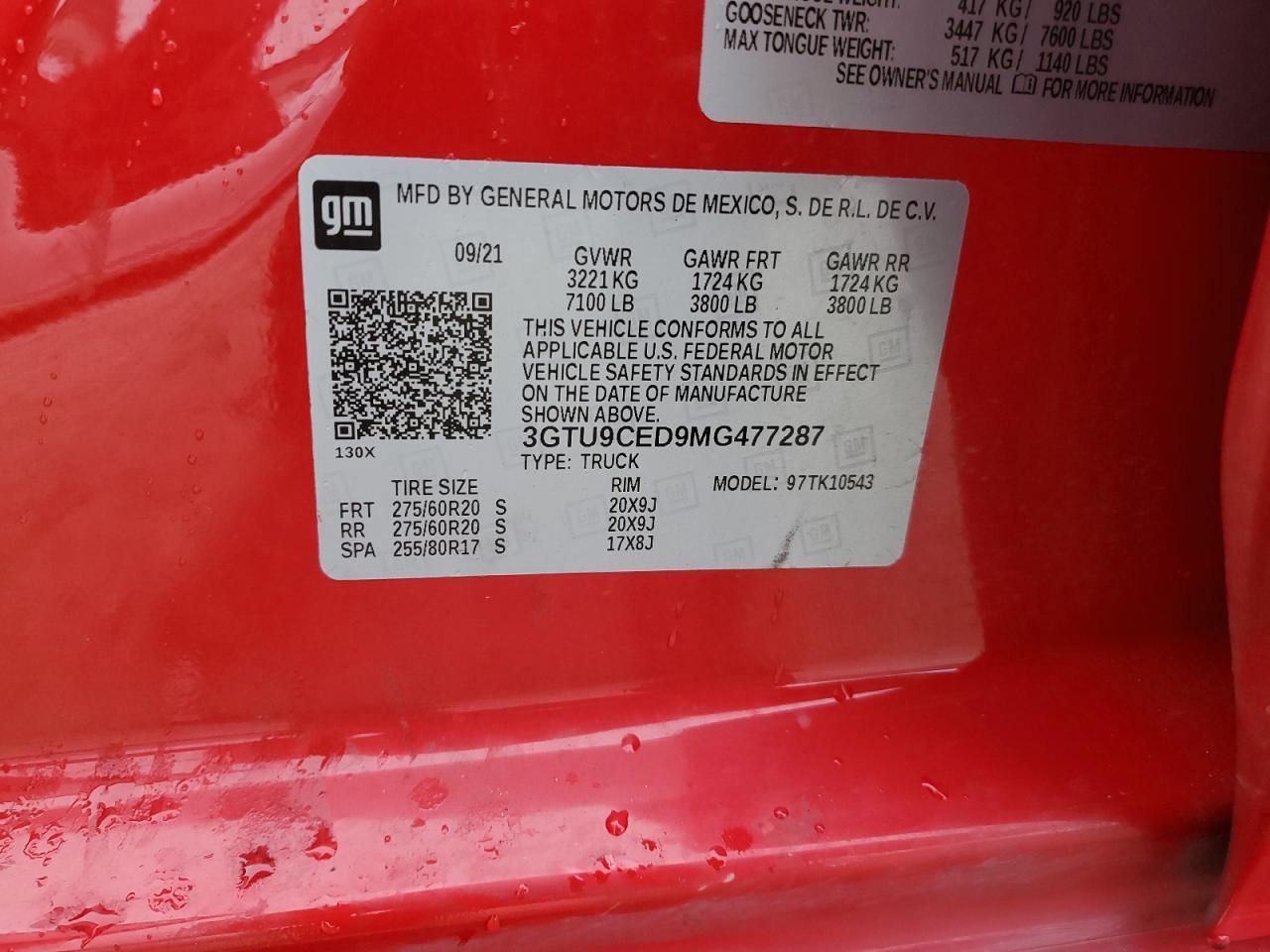 2021 GMC Sierra VIN 3GTU9CED9MG477287 Copart auction photo, all over / minor dent/scratches damage thumbnail 14