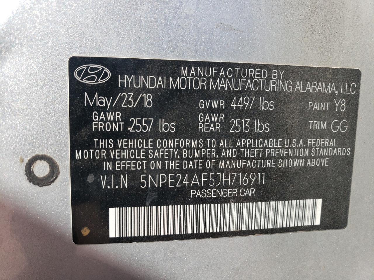 2018 Hyundai Sonata VIN 5NPE24AF5JH716911 Copart auction photo, vandalism damage thumbnail 14