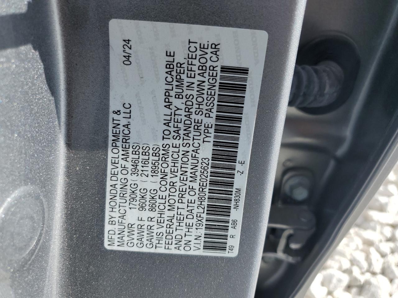2024 Honda Civic VIN 19XFL2H80RE025623 Copart auction photo, side / rear end damage thumbnail 14