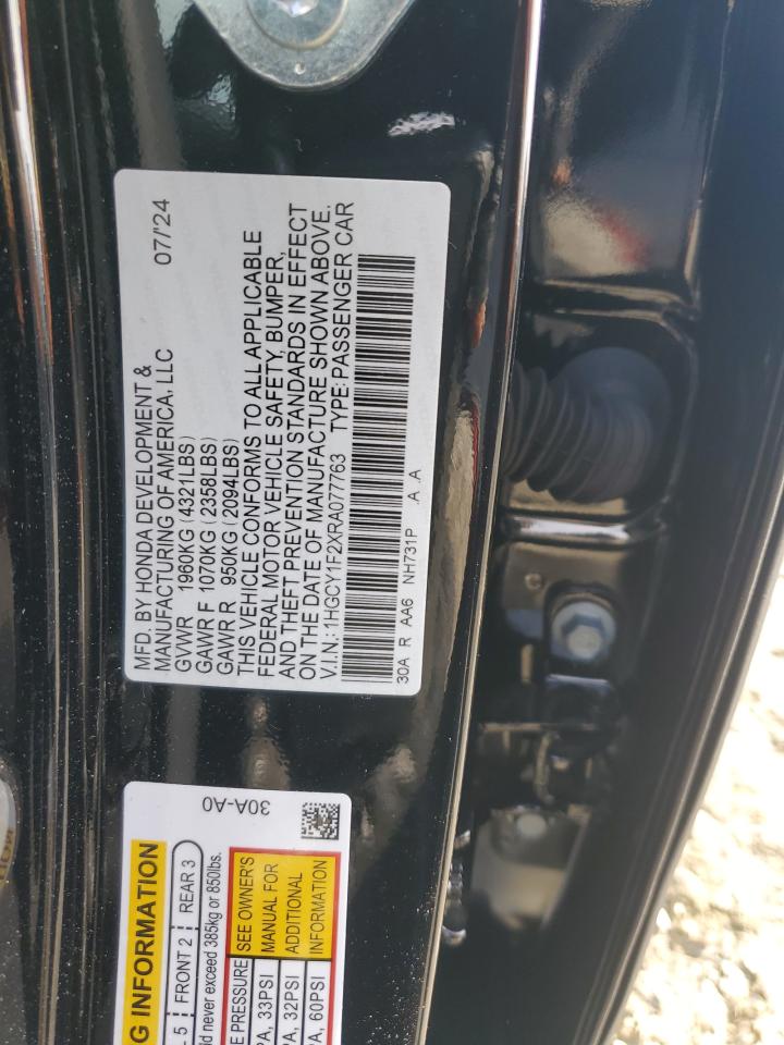 2024 Honda Accord VIN 1HGCY1F2XRA077763 Copart auction photo, rear end damage thumbnail 14