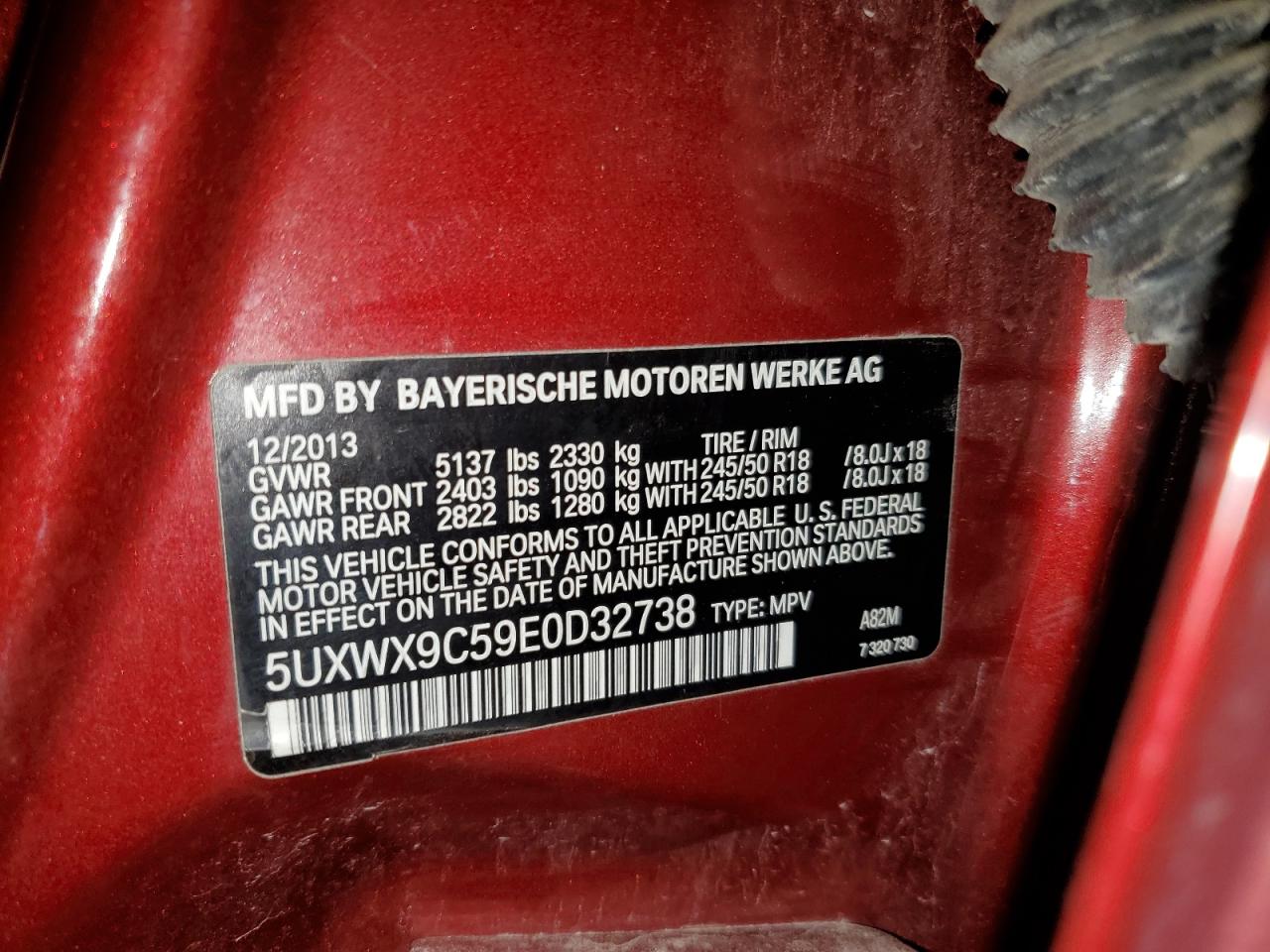 2014 BMW X3 VIN 5UXWX9C59E0D32738 Copart auction photo, front end / minor dent/scratches damage thumbnail 13